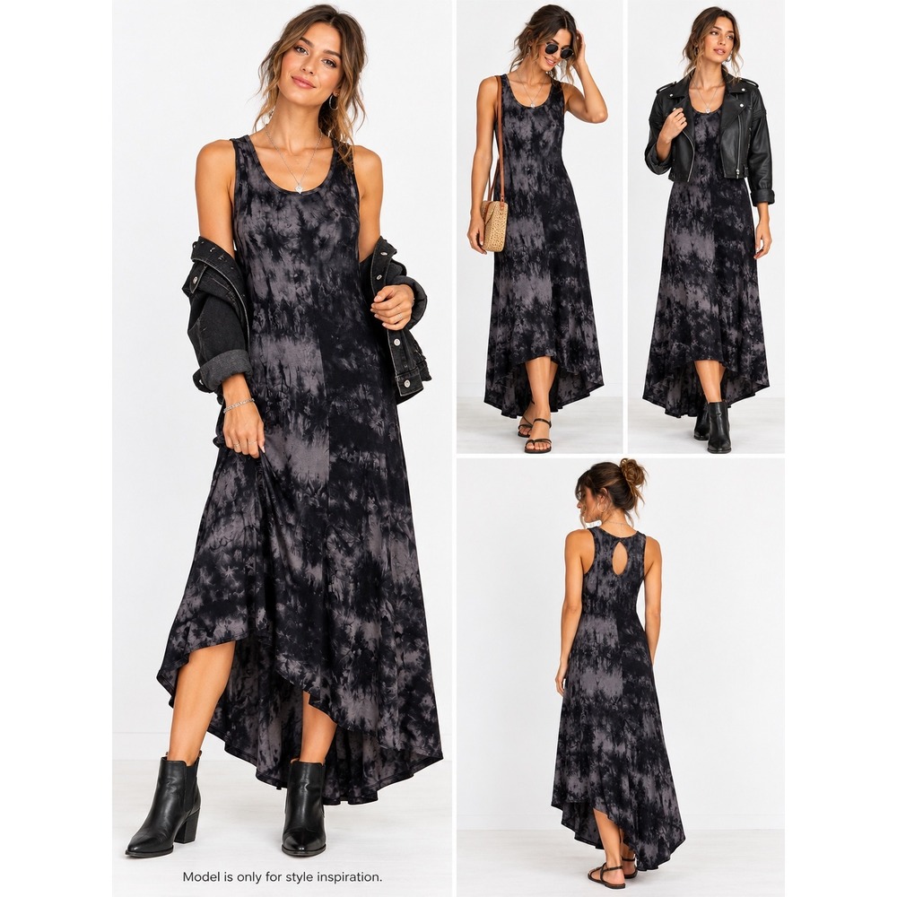 Ginger G Dress Womens M Black Rayon Tie Dye Sleeveless High Low Keyhole Boho